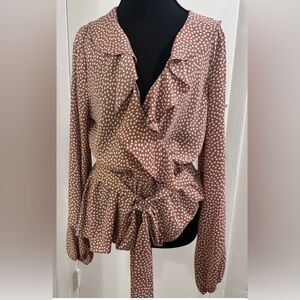 Max Studio Polka Dot Wrap Blouse Size L | Ruffle Tie Waist Top